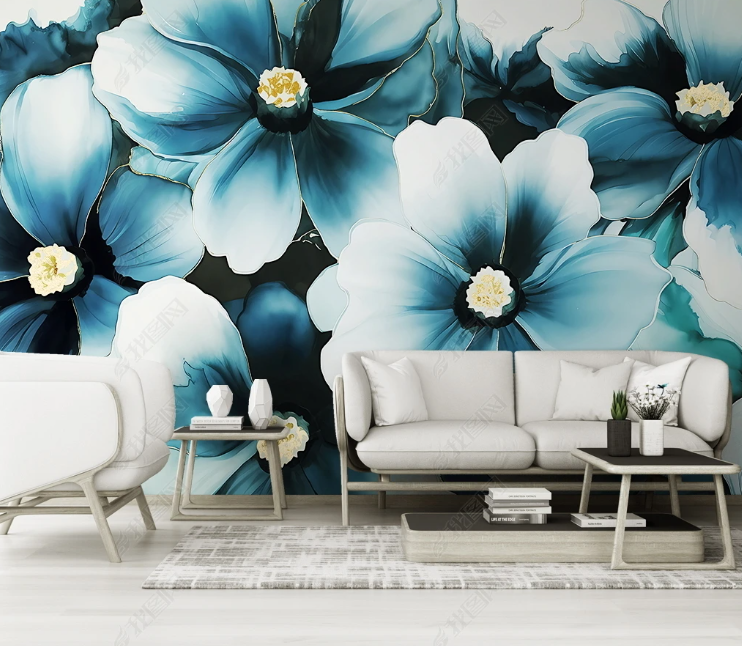 3D Watercolour Floral Plant Dark Blue Wall Mural Wallpaper YXL 124- Jess Art Decoration