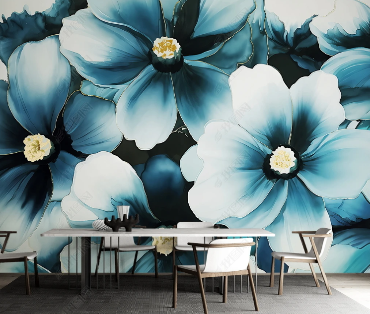 3D Watercolour Floral Plant Dark Blue Wall Mural Wallpaper YXL 124- Jess Art Decoration