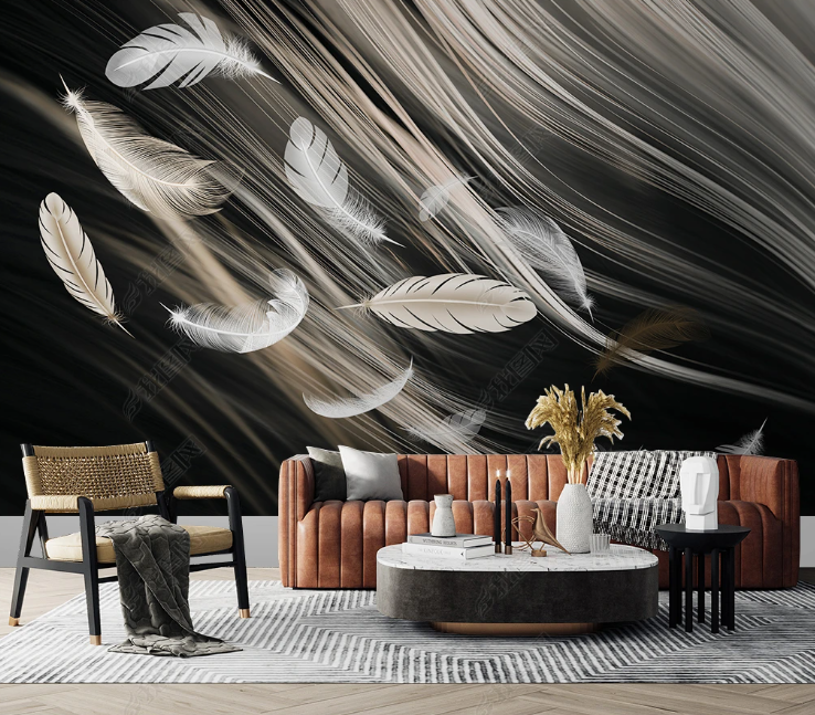 3D Feather White Line Wall Mural Wallpaper YXL 161- Jess Art Decoration