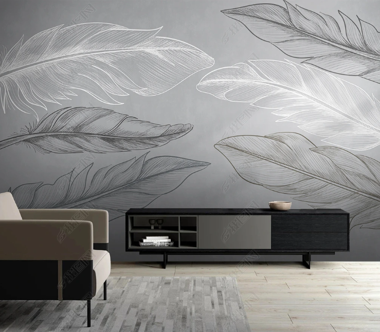 3D Feather Line white Grey Wall Mural Wallpaper YXL 173- Jess Art Decoration