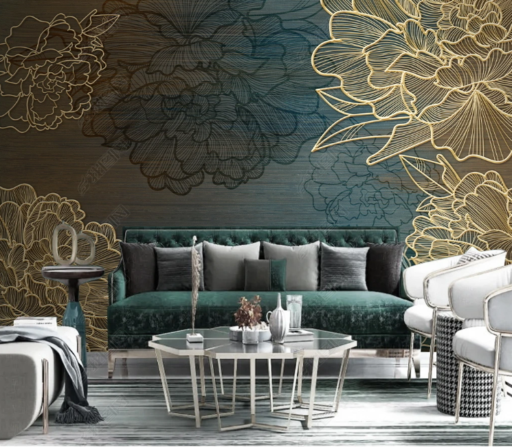 3D Freehand Sketching Relief Floral Golden Wall Mural Wallpaper YXL 80- Jess Art Decoration