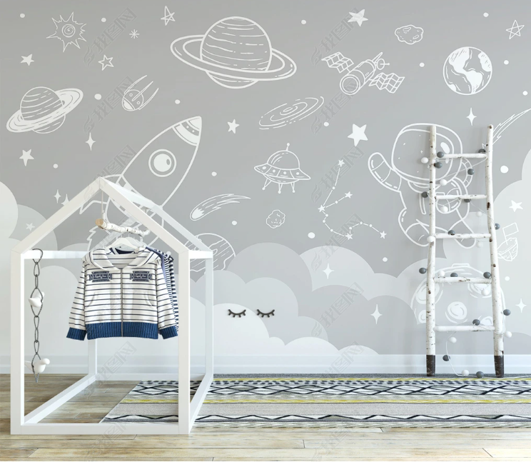 3D Freehand Sketching Spaceman Rocket The Earth Star Wall Mural Wallpaper YXL 275- Jess Art Decoration