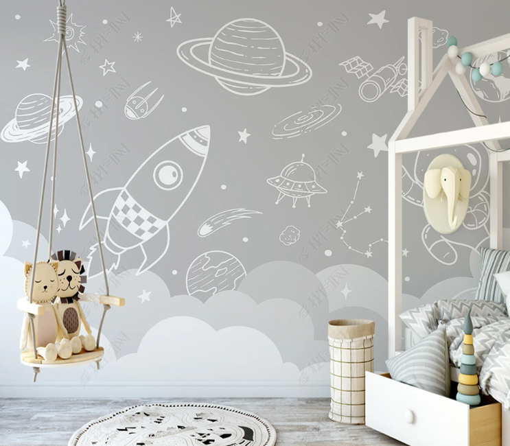 3D Freehand Sketching Spaceman Rocket The Earth Star Wall Mural Wallpaper YXL 275- Jess Art Decoration