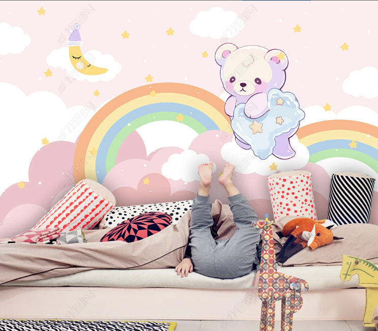 3D Cartoon Little Bear Pink Rainbow Moon Wall Mural Wallpaper YXL 294- Jess Art Decoration