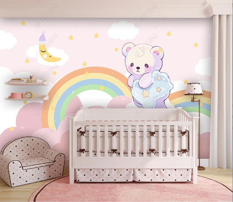 3D Cartoon Little Bear Pink Rainbow Moon Wall Mural Wallpaper YXL 294- Jess Art Decoration