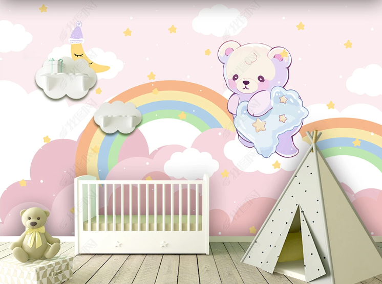 3D Cartoon Little Bear Pink Rainbow Moon Wall Mural Wallpaper YXL 294- Jess Art Decoration