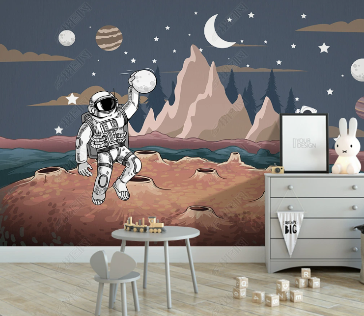 3D Line Spaceman Rocket The Earth Star Moon Wall Mural Wallpaper YXL 342- Jess Art Decoration
