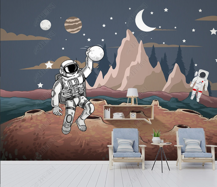 3D Line Spaceman Rocket The Earth Star Moon Wall Mural Wallpaper YXL 342- Jess Art Decoration