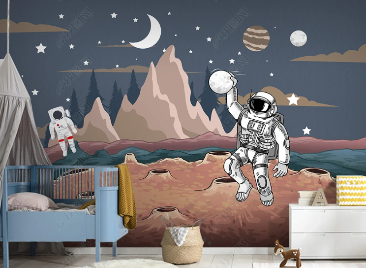 3D Line Spaceman Rocket The Earth Star Moon Wall Mural Wallpaper YXL 342- Jess Art Decoration