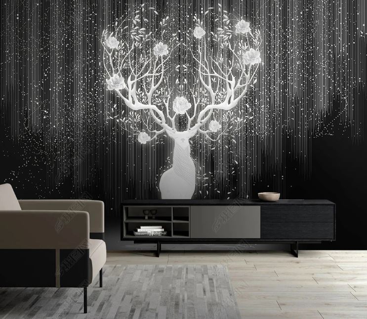 3D Animal Elk White Floral Wall Mural Wallpaper YXL 349- Jess Art Decoration