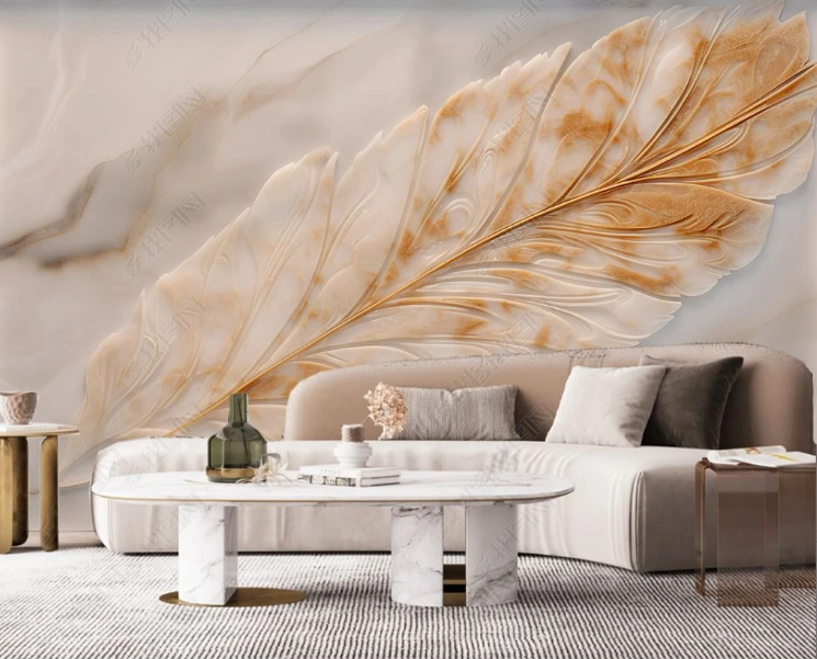 3D Marbling Feather Plant Golden Wall Mural Wallpaper YXL 358- Jess Art Decoration
