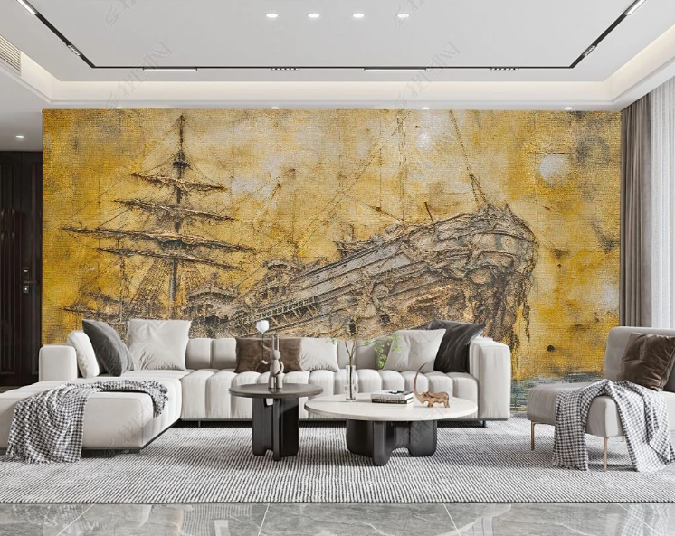 3D Oil Painting Ship Golden Ocean Wall Mural Wallpaper YXL 390- Jess Art Decoration