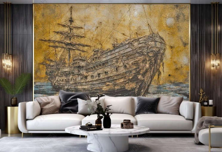 3D Oil Painting Ship Golden Ocean Wall Mural Wallpaper YXL 390- Jess Art Decoration