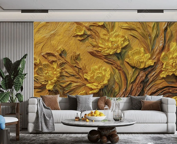 3D Flowers Stereoscopic Relief Yellow Wood Grain Wall Mural Wallpaper YXL 1881
