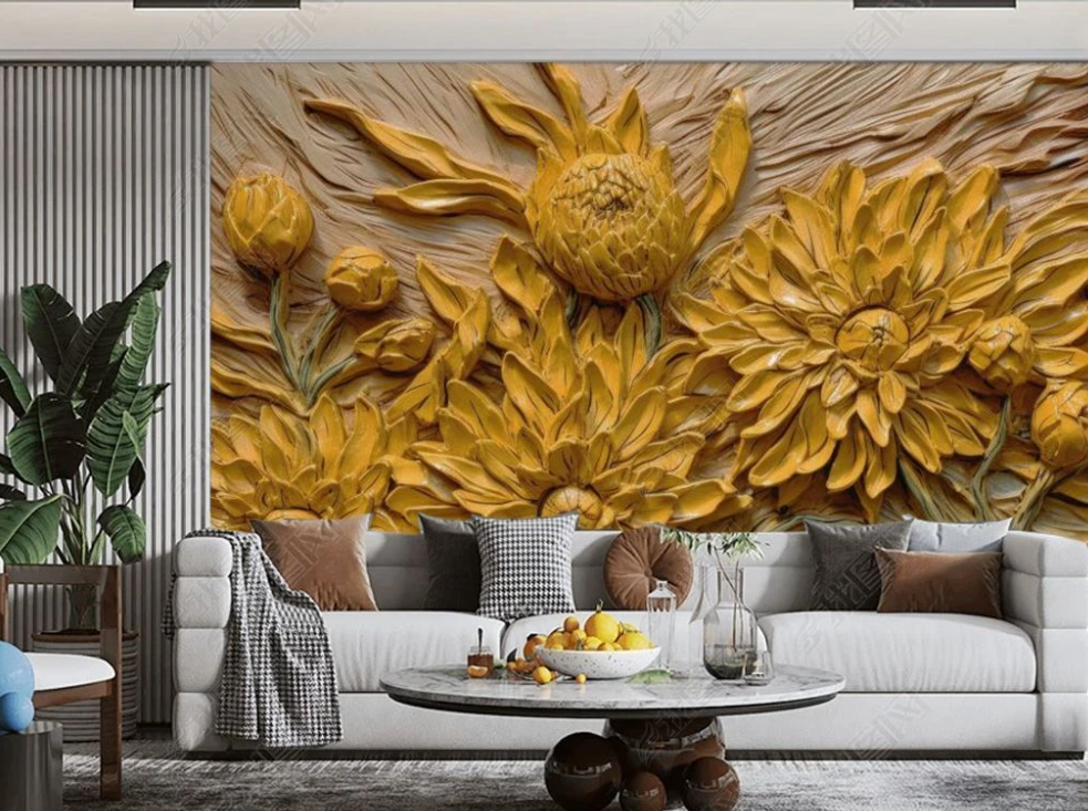 3D Flowers Stereoscopic Relief Yellow Chrysanthemum Wall Mural Wallpaper YXL 1886