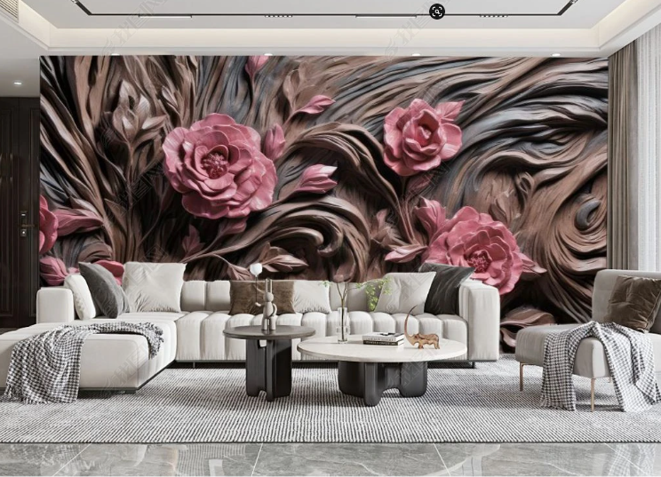 3D Flowers Stereoscopic Relief Pink Rose Wall Mural Wallpaper YXL 1889