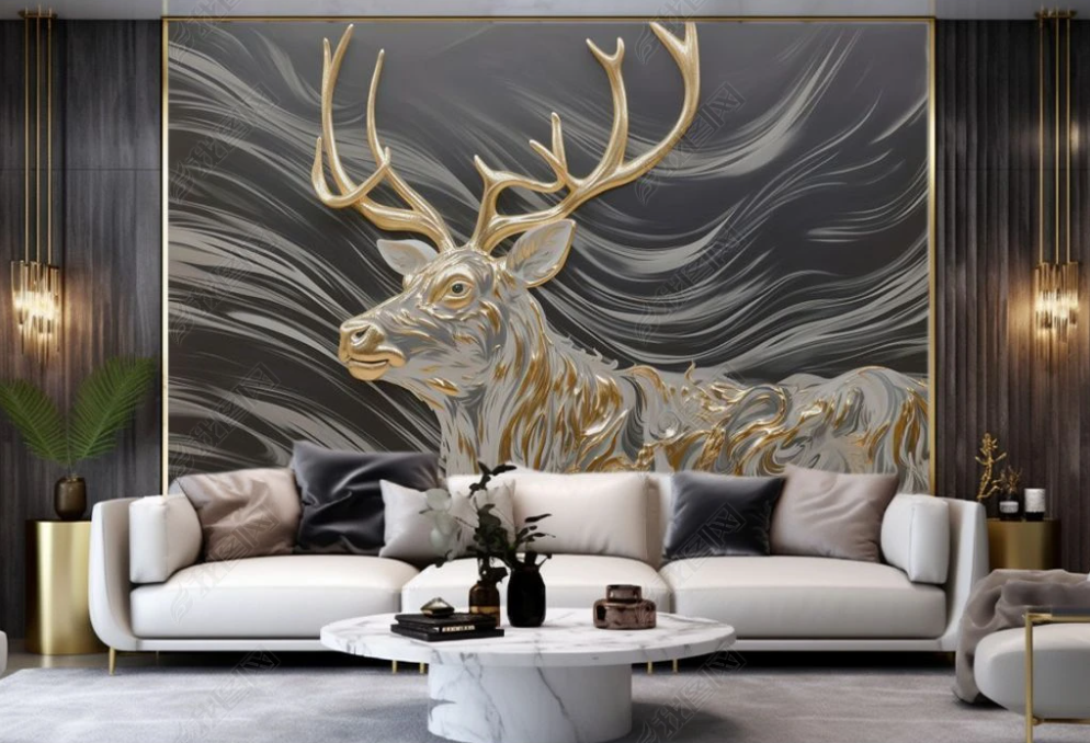 3D Animal Wapiti Golden Relief Wall Mural Wallpaper YXL 1900