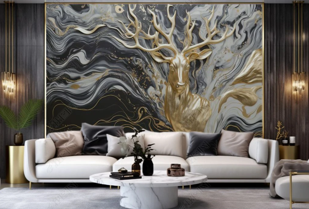 3D Animal Wapiti Golden Relief Wave Wall Mural Wallpaper YXL 1901