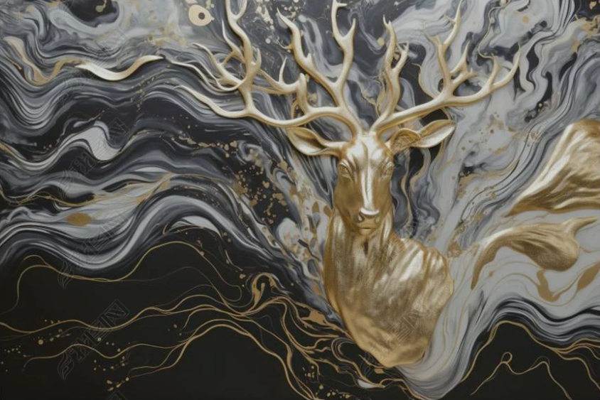 3D Animal Wapiti Golden Relief Wave Wall Mural Wallpaper YXL 1901