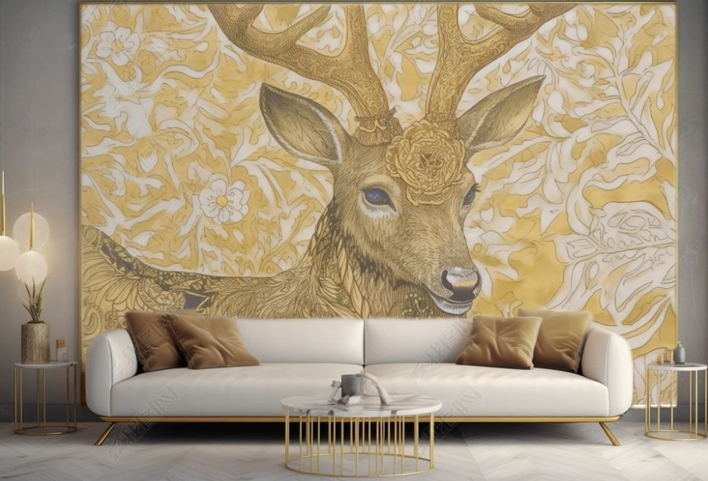 3D Animal Wapiti Flower Golden Wall Mural Wallpaper YXL 1911