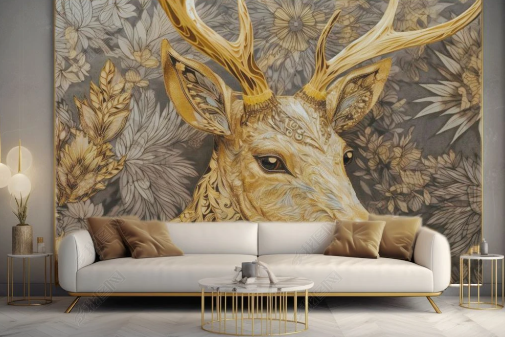 3D Animal Wapiti Flower Relief Golden Wall Mural Wallpaper YXL 1914