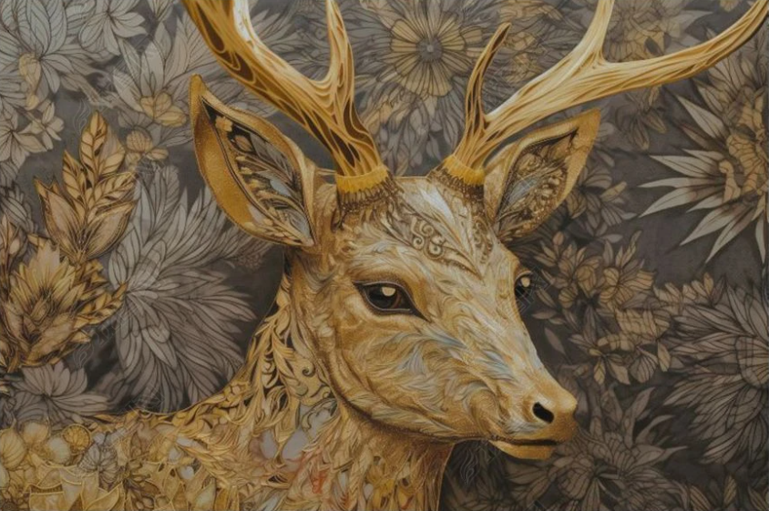 3D Animal Wapiti Flower Relief Golden Wall Mural Wallpaper YXL 1914