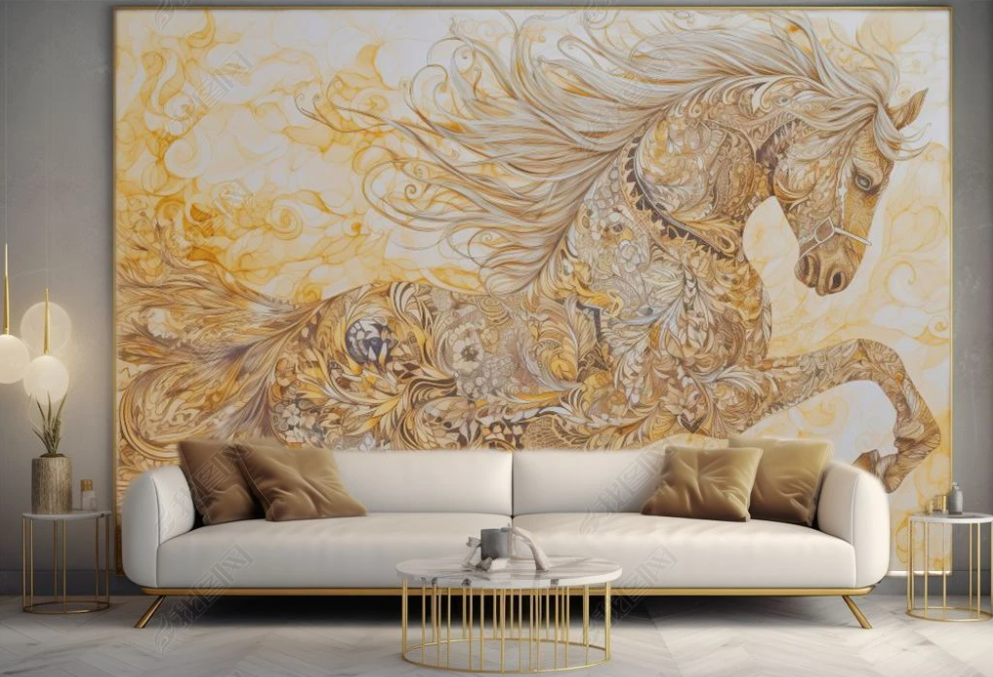 3D Animal Horse Flower Relief Golden Wall Mural Wallpaper YXL 1915