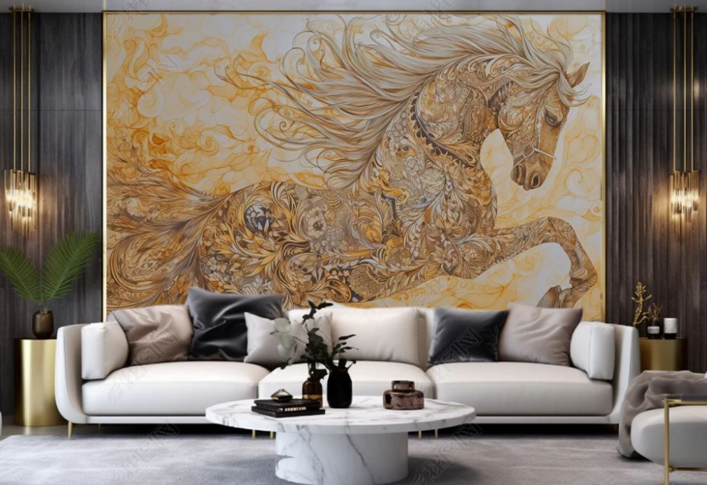 3D Animal Horse Flower Relief Golden Wall Mural Wallpaper YXL 1915