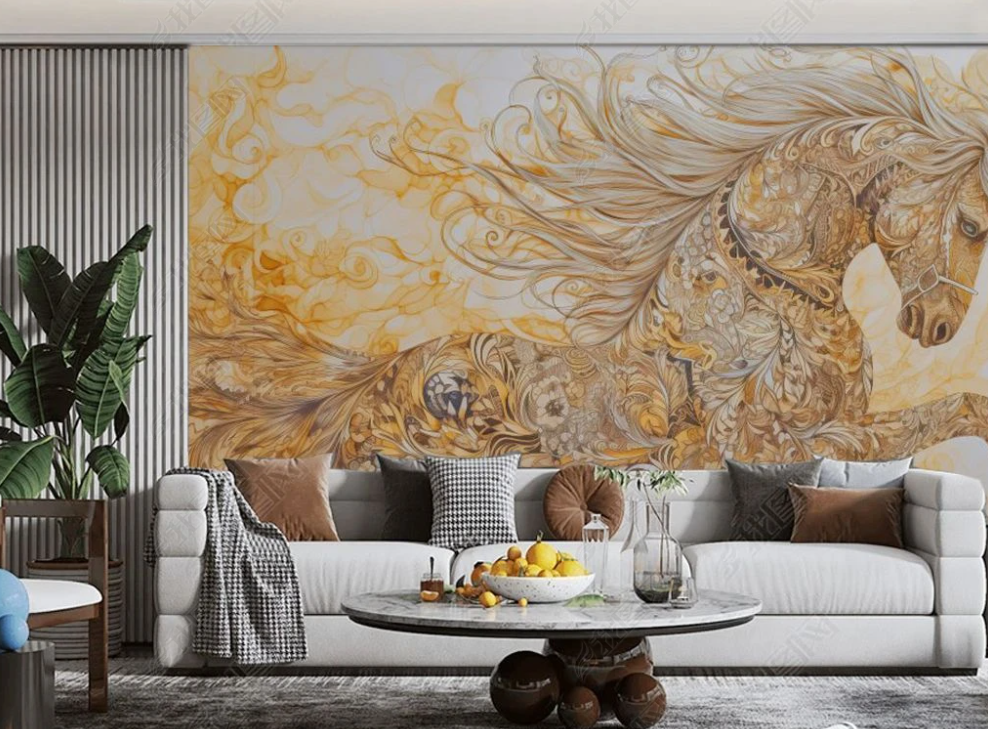 3D Animal Horse Flower Relief Golden Wall Mural Wallpaper YXL 1915