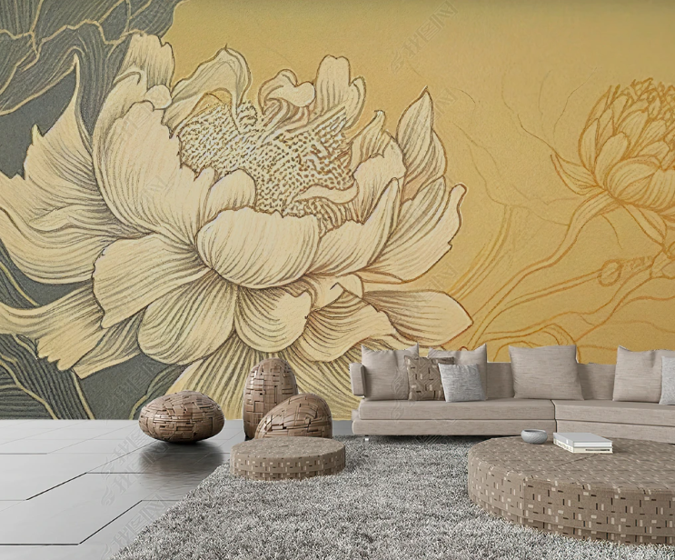 3D Floral Lotus Yellow Line Wall Mural Wallpaper YXL 1954