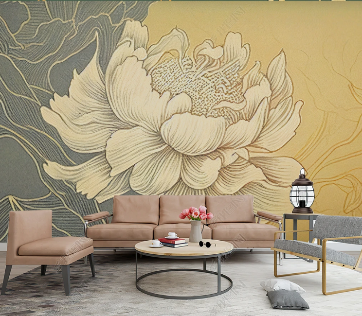 3D Floral Lotus Yellow Line Wall Mural Wallpaper YXL 1954