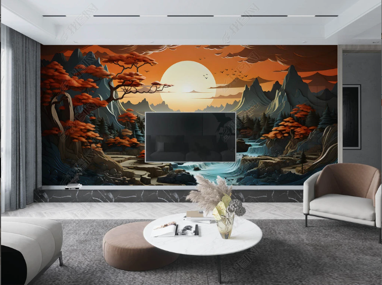 3D Freehand Sketching Sun Tree Bird River Wall Mural Wallpaper YXL 1995