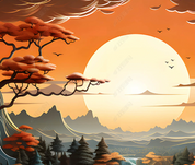 3D Freehand Sketching Sun Tree Bird River Wall Mural Wallpaper YXL 1995