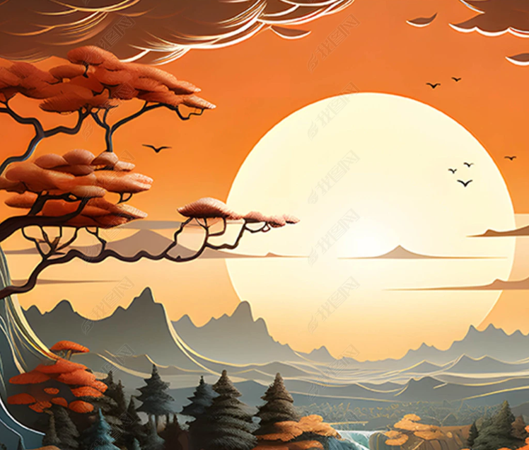 3D Freehand Sketching Sun Tree Bird River Wall Mural Wallpaper YXL 1995