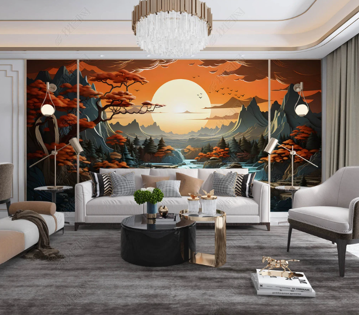 3D Freehand Sketching Sun Tree Bird River Wall Mural Wallpaper YXL 1995
