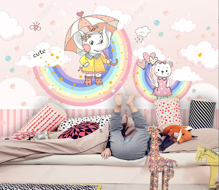 3D Cartoon Rainbow Elephant Cat Cloud Wall Mural Wallpaper YXL 2219