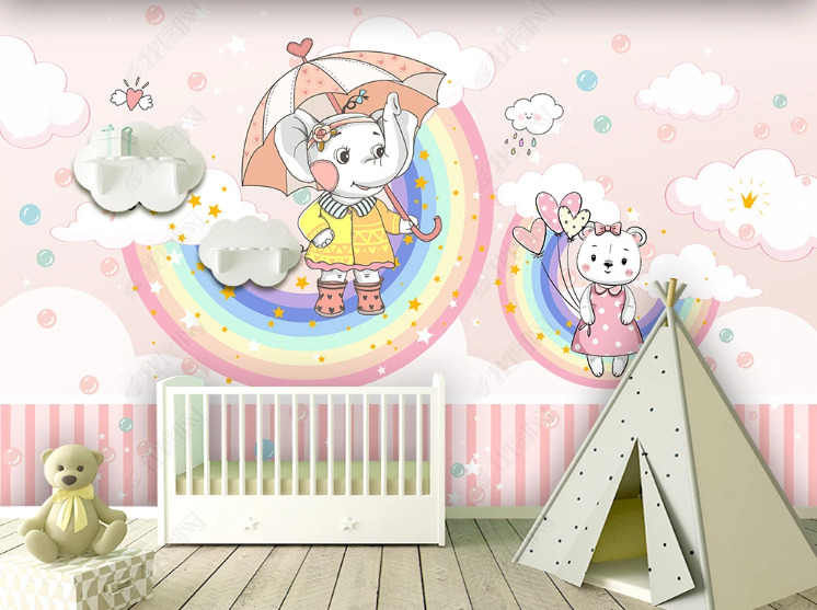 3D Cartoon Rainbow Elephant Cat Cloud Wall Mural Wallpaper YXL 2219