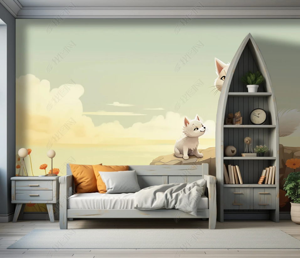 3D Cartoon Forest Animal Cat Sky Kids Wallpaper Wall Mural Wall Decor Wall Art Wall Sticker Remoable Wallpaper LQH 5