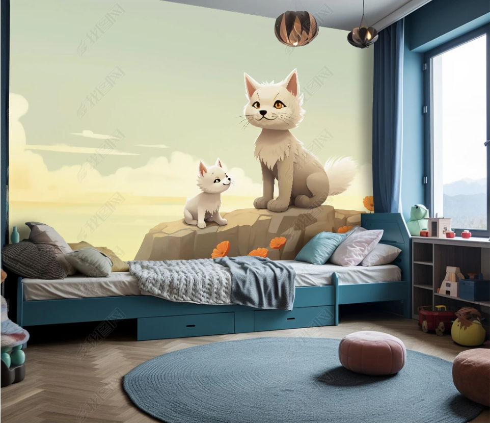 3D Cartoon Forest Animal Cat Sky Kids Wallpaper Wall Mural Wall Decor Wall Art Wall Sticker Remoable Wallpaper LQH 5