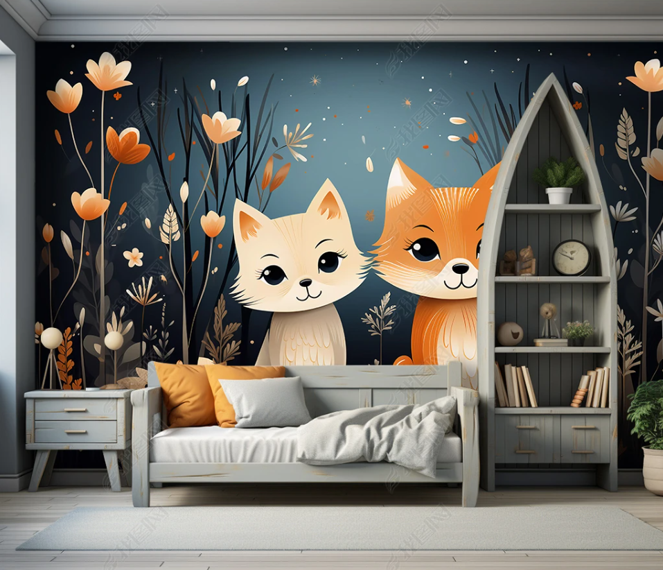 3D Cartoon Forest Animal Cat Floral Kids Wallpaper Wall Mural Wall Decor Wall Art Wall Sticker Remoable Wallpaper LQH 6