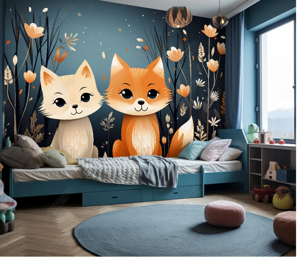 3D Cartoon Forest Animal Cat Floral Kids Wallpaper Wall Mural Wall Decor Wall Art Wall Sticker Remoable Wallpaper LQH 6