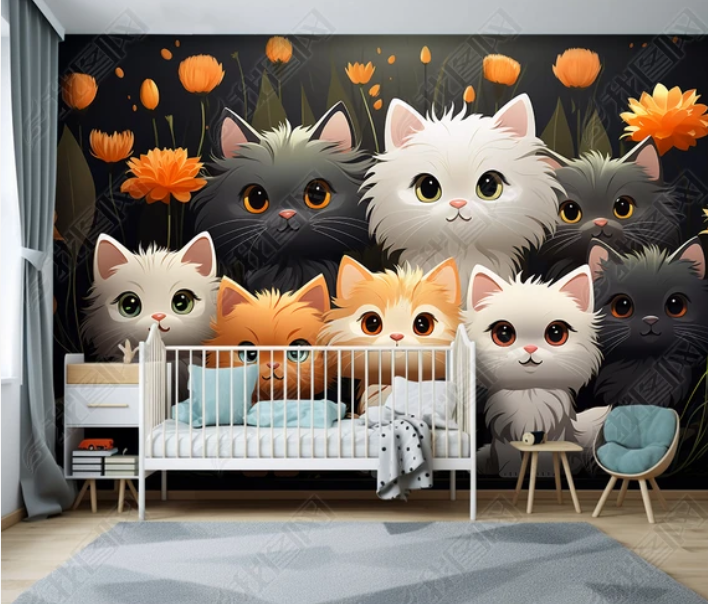 3D Cartoon Forest Animal Cat Floral Kids Wallpaper Wall Mural Wall Decor Wall Art Wall Sticker Remoable Wallpaper LQH 8