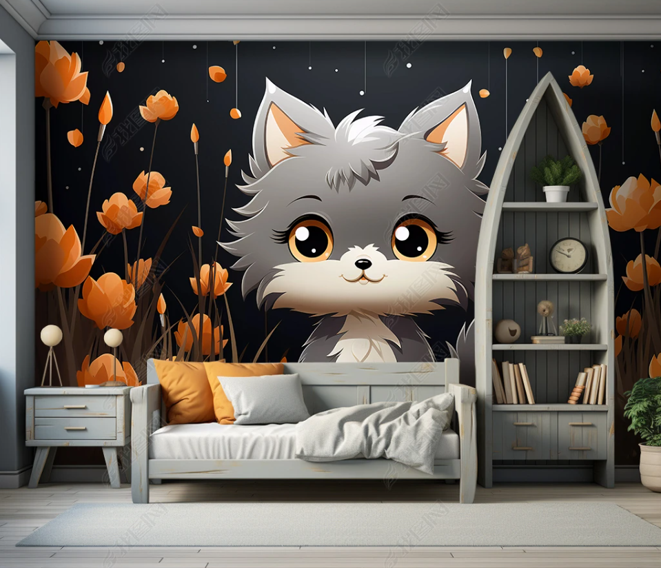3D Cartoon Forest Animal Cat Floral Kids Wallpaper Wall Mural Wall Decor Wall Art Wall Sticker Remoable Wallpaper LQH 9