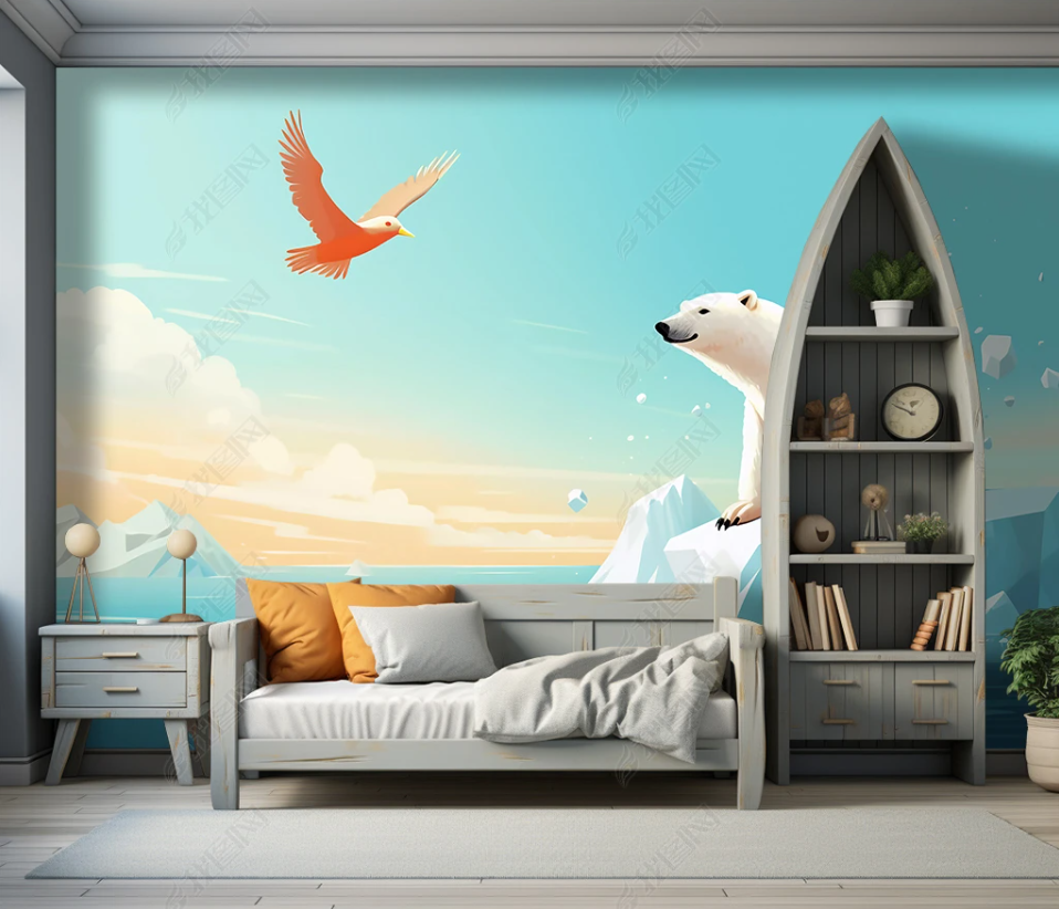 3D Cartoon Animal Polar Bear Sky Eagle Kids Wallpaper Wall Mural Wall Decor Wall Art Wall Sticker Remoable Wallpaper LQH 16