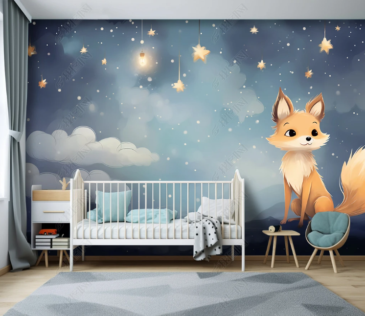 3D Cartoon Animal Starry Sky Clouds Fox Wallpaper Wall Mural Wall Decor Wall Art Wall Sticker Remoable Wallpaper LQH 51