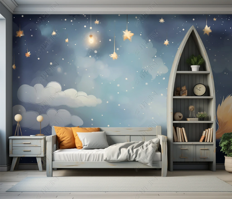 3D Cartoon Animal Starry Sky Clouds Fox Wallpaper Wall Mural Wall Decor Wall Art Wall Sticker Remoable Wallpaper LQH 51
