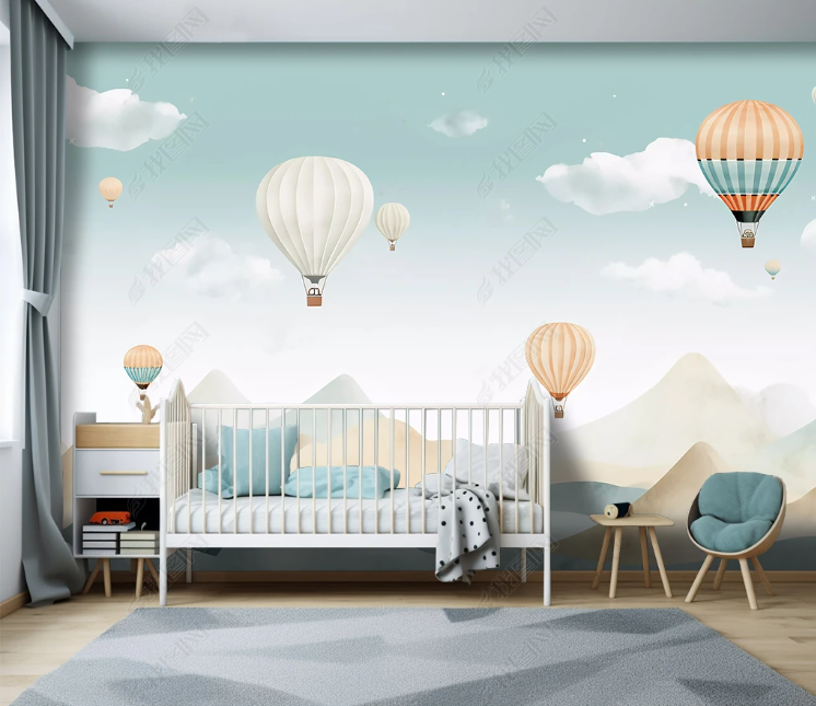 3D Cartoon Sky Clouds Hot Air Balloon Mountain Wallpaper Wall Mural Wall Decor Wall Art Wall Sticker Remoable Wallpaper LQH 107