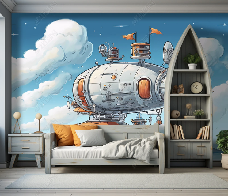 3D Cartoon Blue Sky Spaceship Wallpaper Wall Mural Wall Decor Wall Art Wall Sticker Remoable Wallpaper LQH 132