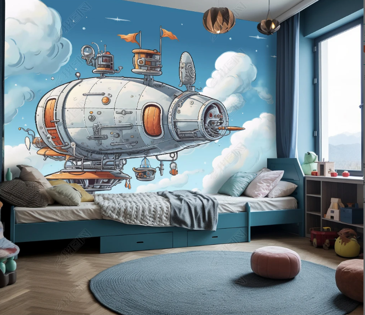 3D Cartoon Blue Sky Spaceship Wallpaper Wall Mural Wall Decor Wall Art Wall Sticker Remoable Wallpaper LQH 132