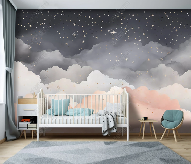 3D Cartoon Grey Sky Clouds Stars Wallpaper Wall Mural Wall Decor Wall Art Wall Sticker Remoable Wallpaper LQH 135